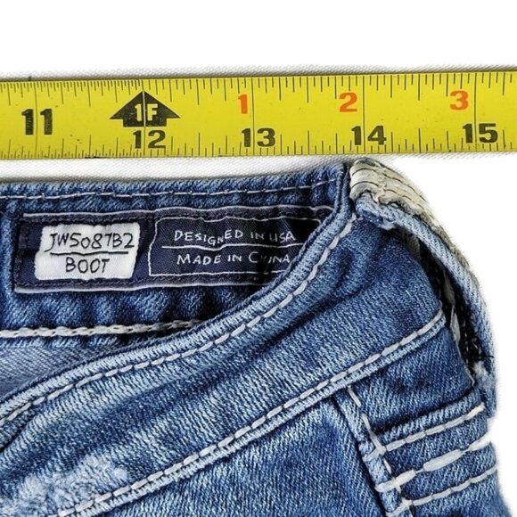 Miss Me Jeans Size 29 28X33 Bootcut Boot Leather Trim Thick Stitch Low Rise - Picture 12 of 16